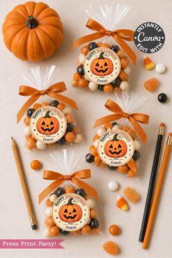 Four Halloween treat bags tied with orange bows and jack-o’-lantern tags—each decorated with Pink Coquette Ghost Treat Bag Halloween Stickers—are arranged around a small pumpkin, pencils, and gummy candies on a light surface.