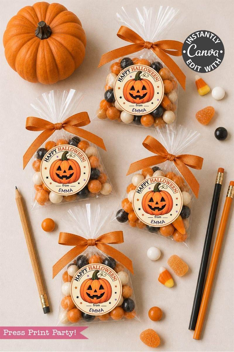Four Halloween treat bags tied with orange bows and jack-o’-lantern tags—each decorated with Pink Coquette Ghost Treat Bag Halloween Stickers—are arranged around a small pumpkin, pencils, and gummy candies on a light surface.