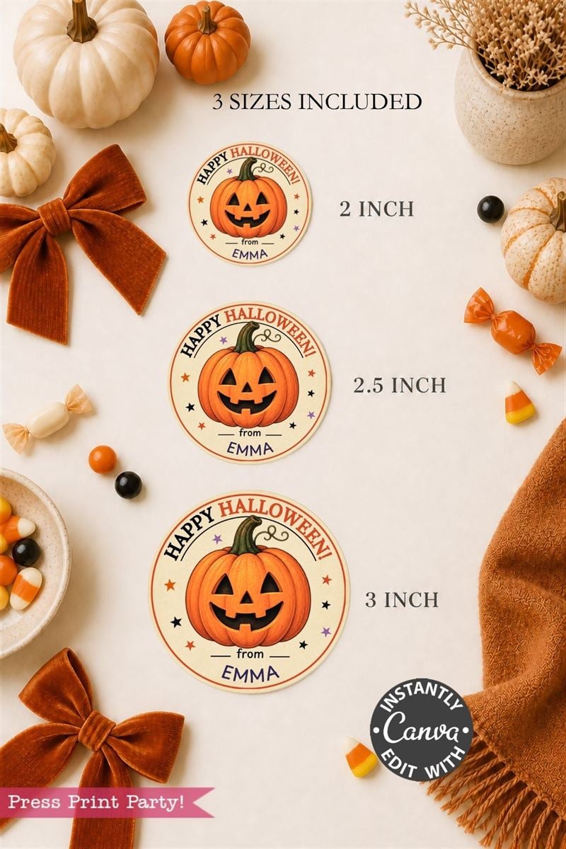 Three round Pink Coquette Ghost Treat Bag Halloween Stickers in 2″, 2.5″, and 3″ sizes are displayed on a fall-themed table with bows, pumpkins, candy corn, and beads. These pink coquette Halloween stickers are customizable with a name.