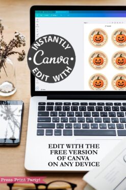 Open Canva on a laptop displaying printable pumpkin tags and Pink Coquette Ghost Treat Bag Halloween Stickers, with a phone on the desk. Text overlay says, “INSTANTLY EDIT WITH CANVA. EDIT WITH THE FREE VERSION OF CANVA ON ANY DEVICE.”.