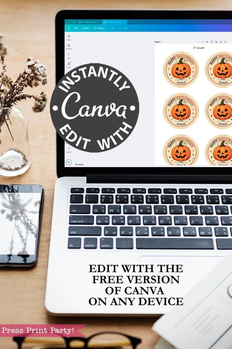 Open Canva on a laptop displaying printable pumpkin tags and Pink Coquette Ghost Treat Bag Halloween Stickers, with a phone on the desk. Text overlay says, “INSTANTLY EDIT WITH CANVA. EDIT WITH THE FREE VERSION OF CANVA ON ANY DEVICE.”.