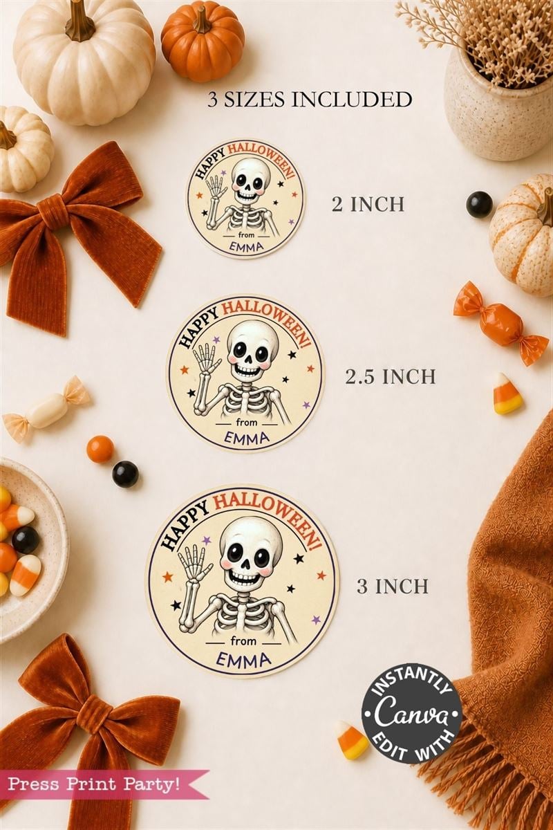 Three round “Happy Halloween from Emma” Pink Coquette Ghost Treat Bag Halloween Stickers, each featuring a waving skeleton, are displayed in 2, 2.5, and 3-inch sizes. Surrounded by pumpkins, bows, candy corn, and fall décor on a beige surface, these whimsical pink coquette stickers add a festive touch to your Halloween celebration.