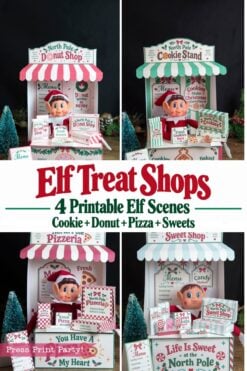Elf Ideas Pack: Four printable elf treat shop scenesβdonut shop, cookie stand, pizzeria, and sweet shop. Includes festive elves, decorated boxes, holiday signs & Christmas trees. 4 fun scenes!.