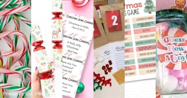 A collage of various Christmas-themed printable games, including song charades cards, a numbered advent calendar, a list of holiday activities, and a “guess how many” jar activity.