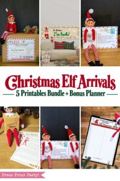 Collage showing Elf Arrival Printables: delivery box, welcome banner, elf holding certificate, rules card, nice list certificate, and planner. Text reads βElf Ideas Pack: 5 Printables Bundle + Bonus Planner.β.