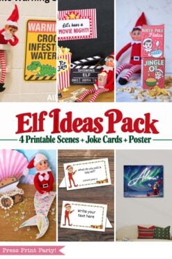 Collage featuring elf dolls with joke cards, movie night setup, cereal box, pirate treasure, and Christmas poster. Text: βElf Ideas Pack: 4 Printable Scenes + Joke Cards + Elf Arrival Printable.β.