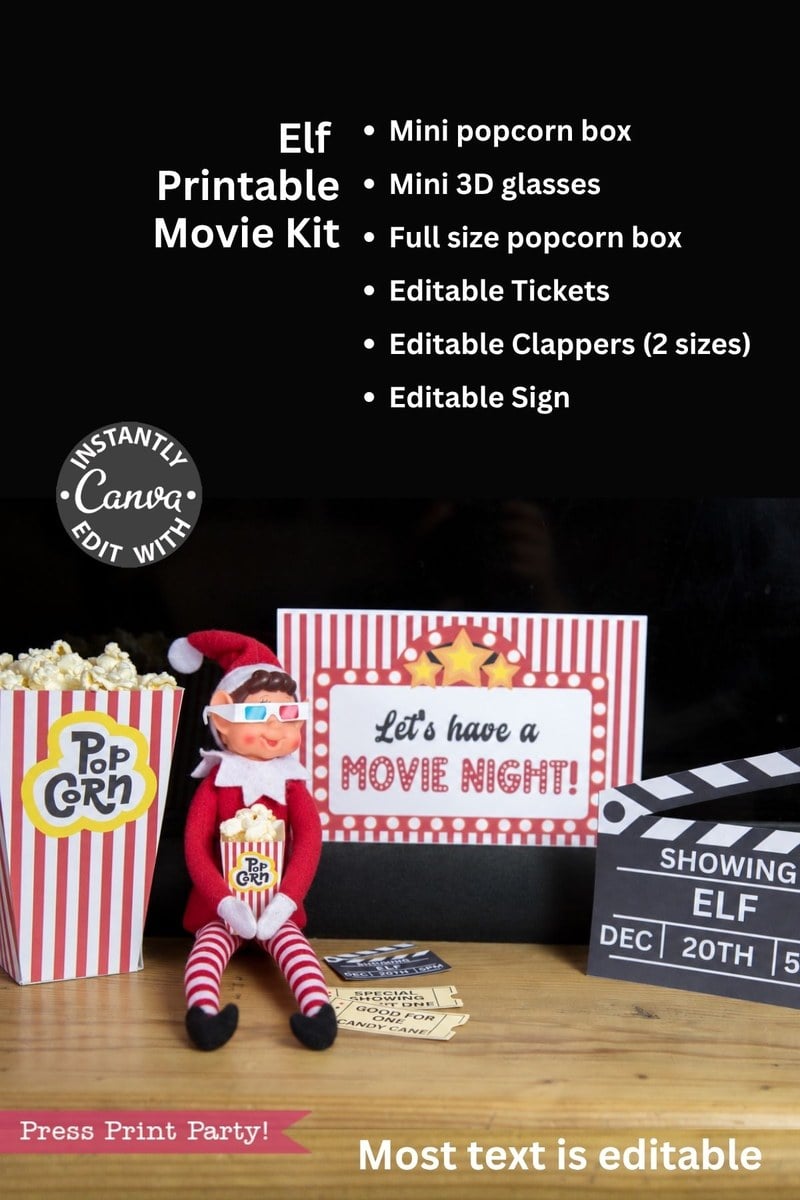 An elf doll wearing 3D glasses sits with an Elf Arrival Printable Bundle, Christmas Elf Kit, featuring a popcorn bucket, movie theater props, printable tickets, a clapperboard, and a mini popcorn box for an elf arrival.