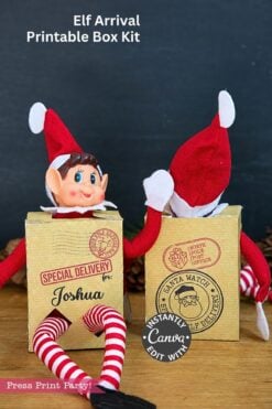 Two elf dolls sit in cardboard boxes labeled “Special Delivery” and “North Pole Post Office” as part of an Elf Arrival Printable Bundle, Christmas Elf Kit.