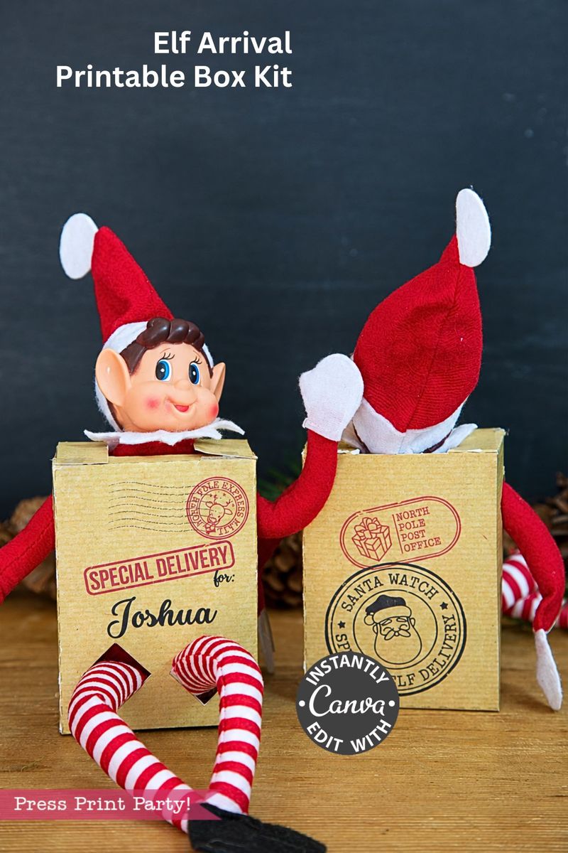 Two elf dolls sit in cardboard boxes labeled “Special Delivery” and “North Pole Post Office” as part of an Elf Arrival Printable Bundle, Christmas Elf Kit.