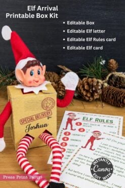 A Christmas elf doll sits on a “Special Delivery” box next to an Elf Arrival Printable Bundle, Christmas Elf Kit rules card.