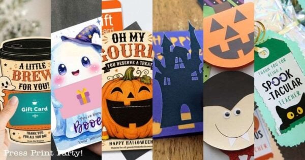 A collage of six Halloween-themed gift card holders with designs including a coffee cup, a ghost, a pumpkin, a haunted house, a jack-o’-lantern, and a black cat with text reading “A Little Brew For You” and “Spook-tacular Teacher.”