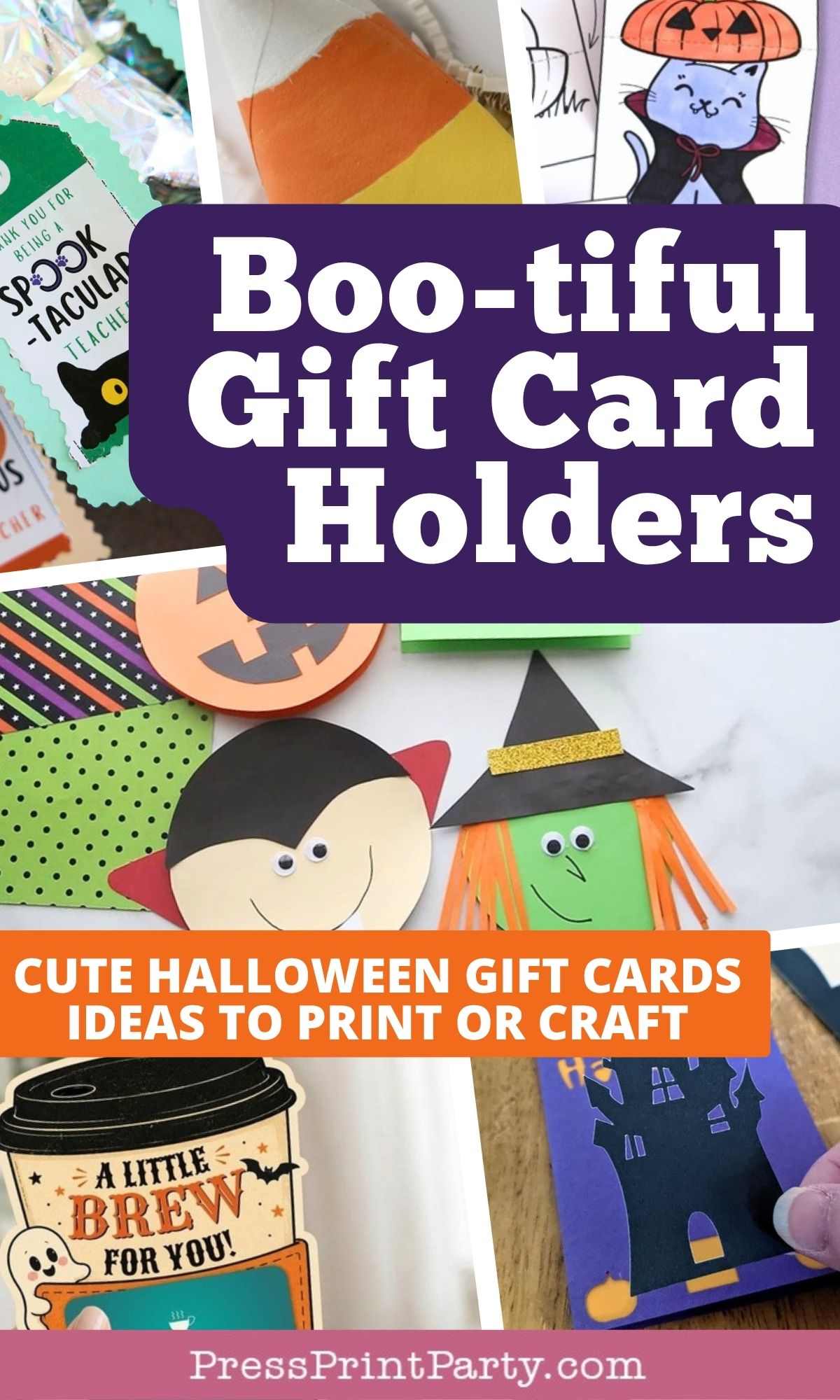 A collage of homemade Halloween-themed paper gift card holders, including designs shaped like a vampire, a witch, a coffee cup, and a haunted house, with text overlay reading “Boo-tiful Gift Card Holders” and “Cute Halloween Gift Cards.”