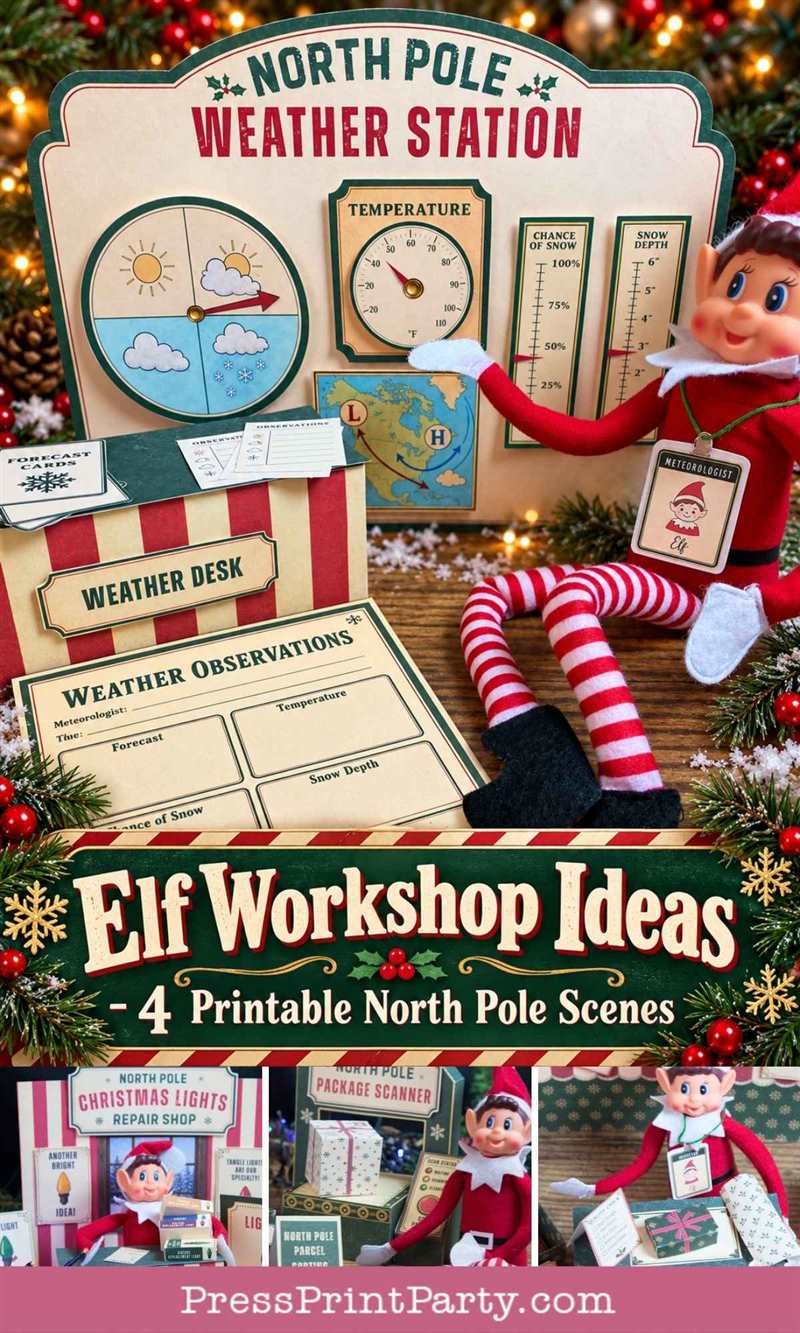 An elf doll sits at a North Pole Weather Station desk with printable weather charts, a thermometer, and a logbook, with a lower panel showing additional elf workshop scenes.