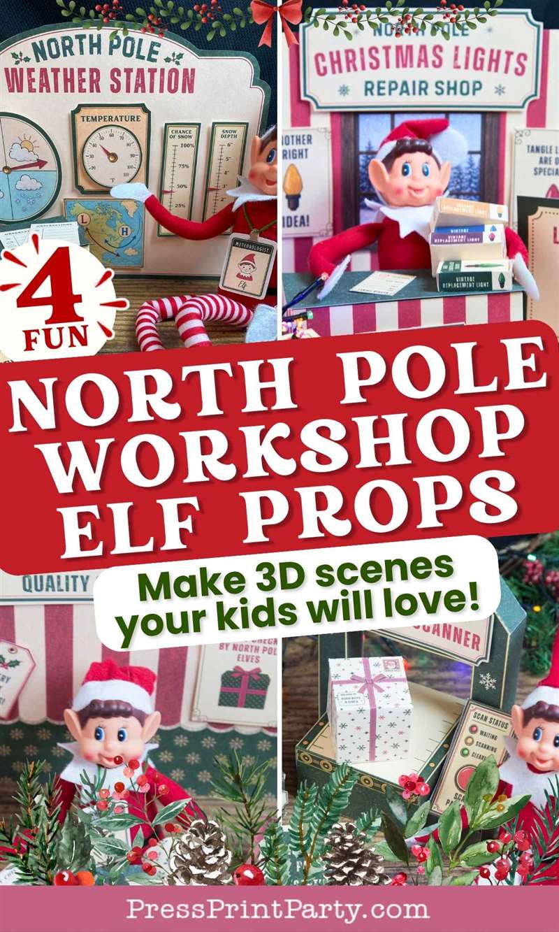 Collage showing North Pole-themed printables for elf props, including a weather station, Christmas light repair shop, and gift wrapping station, with the text βNorth Pole Workshop Elf Props.β