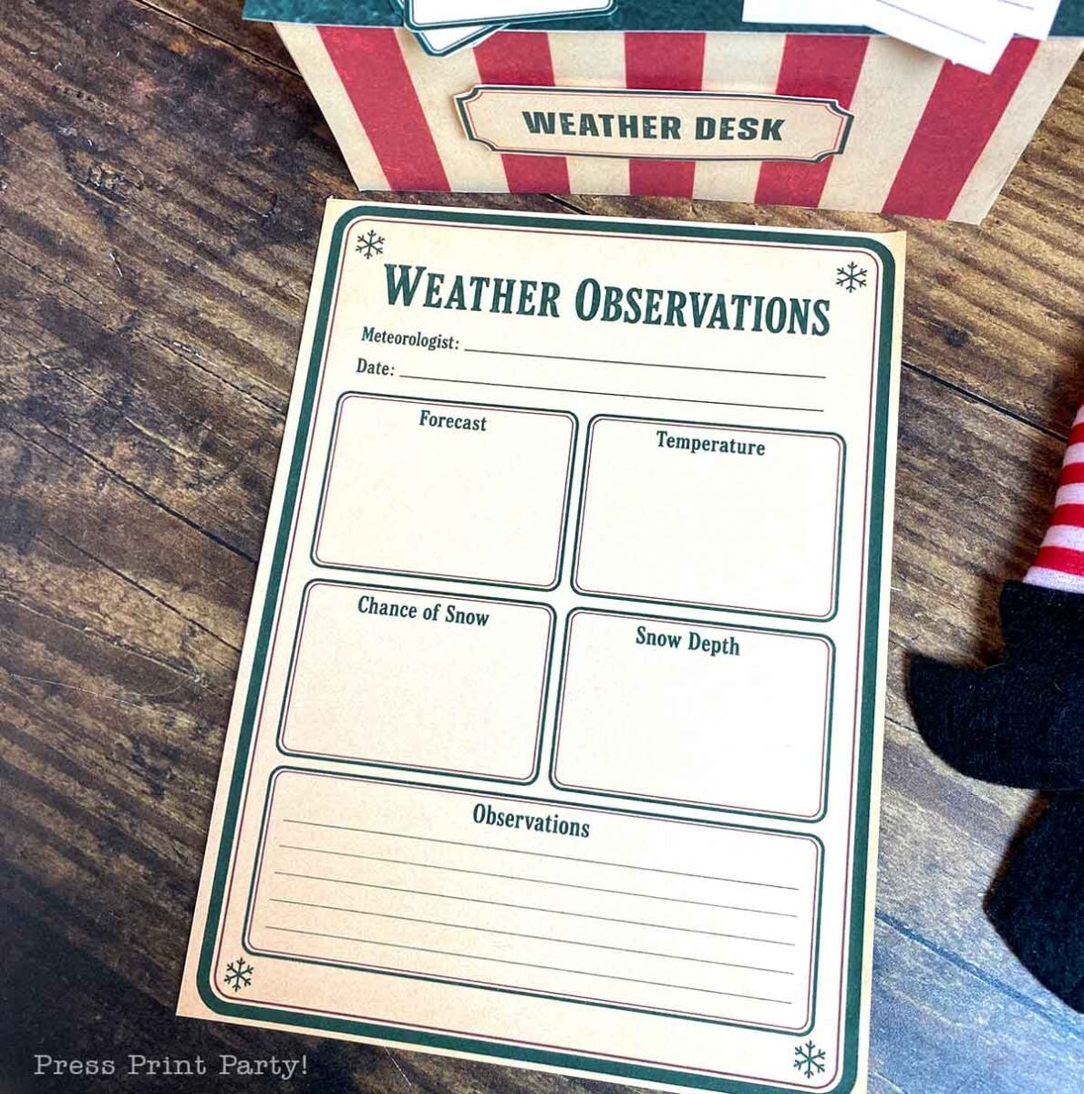 A printed βWeather Observationsβ log sheet with blank fields for meteorologist, date, forecast, temperature, chance of snow, snow depth, and observations.