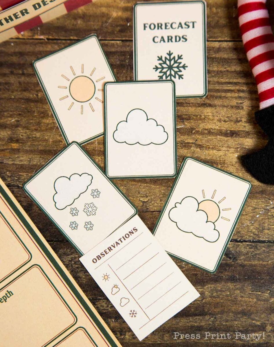 Five illustrated weather cards featuring a sun, snowflake, clouds, and a sun behind a cloud, alongside an observation card with blank lines and weather icons.