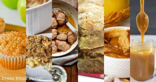 A collage of various baked apple desserts, including muffins, a crumble, and a jar being filled with caramel sauce, with “Press Print Party!” text at the bottom left.