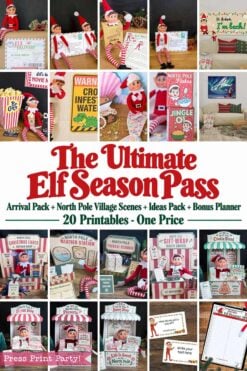 Ultimate Elf Season Pass: Complete Elf Printable Props Bundle, featuring a collage of miniature storefront displays, Christmas-themed signs, activity cards, and stationery.