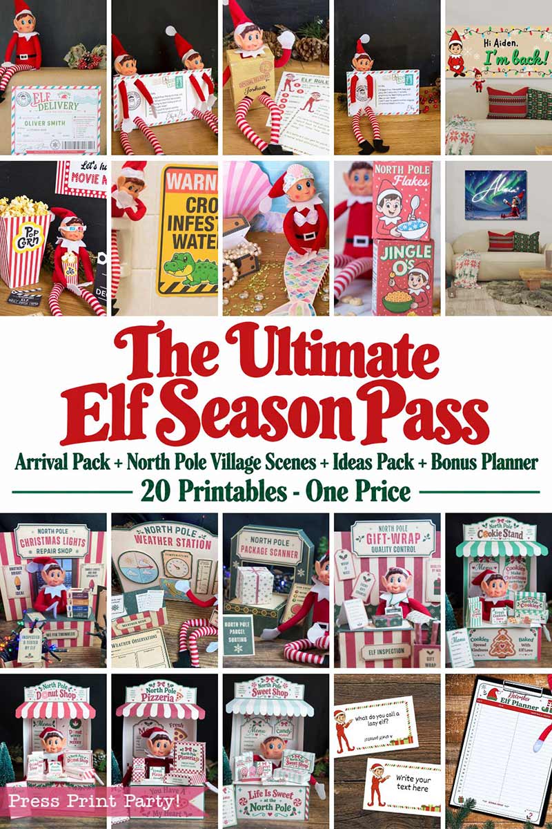 Ultimate Elf Season Pass: Complete Elf Printable Props Bundle, featuring a collage of miniature storefront displays, Christmas-themed signs, activity cards, and stationery.