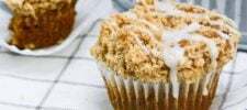 pumpkin streusel muffins recipe with vanilla glaze. A great fall treat for thanksgiving dessert - Press Print Party!