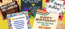A colorful birthday card collage with funny things to write in a birthday card, like "Don't count the candles" and "Growing old is like a game of Tetris." Some cards feature flowers and playful designs, celebrating aging with humor.