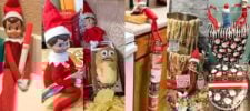 A collage of mischievous elf dolls in various humorous scenarios: wrapped in a marker, grating a potato, climbing canned goods, and setting up pranks on a red-and-white themed toilet. Each scene captures the playful antics of the bad elf on the shelf during the holiday season.