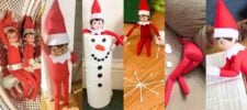 Six playful Elf on the Shelf dolls are shown in different silly scenes, including riding in a dryer, dressed as a snowman, sitting on the floor, making snowflakes, and reading a book.