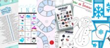 A collage of winter-themed printables, featuring game boards, bingo cards, coloring pages, and snowflake designs in blue and white. Includes printable winter games with images of snowmen, penguins, and cozy winter clothing.
