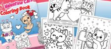 A colorful Valentine's Day-themed coloring book cover featuring cute cartoon cats with hearts. Three black-and-white cat illustrations are displayed beside the cover, each with hearts and playful cat-themed scenes.