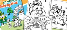 St. Patrick's Day coloring book cover featuring a leprechaun cat and dog with a pot of gold. Pages show a mouse with a coin and a dog dancing near a pot of gold under a rainbow, all in black and white.