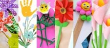 A colorful collage of various flower crafts for kids: paper pinwheel, handprint flower with a smiley, blue floral bouquet, red flower with a button center, pom-pom flower, and pink calla lilies, all displayed on vibrant backgrounds.