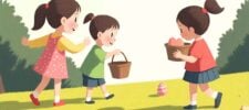 Three children are joyfully engaged in an Easter egg scavenger hunt. Two girls and a boy, each with a basket, gather colorful eggs scattered across the grassy field. Smiling and dressed casually, they relish the adventure amidst trees and sunlight.