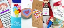 A collage of colorful DIY Mother's Day crafts, including printables like cards, decorated stones, and treat bags. Each section showcases unique handmade gift ideas with vibrant designs and heartfelt messages.