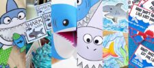 A collage of colorful shark-themed crafts and printables, including cupcake toppers, greeting cards, coloring pages, and shark paper puppets, all arranged in a vibrant and playful display.