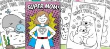 A set of printable Mother’s Day coloring cards featuring cartoon animals, including whales and otters, and messages like “Super Mom!” and “I otterly love you, Mom!” on colorful backgrounds.