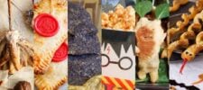 A collage of Harry Potter-themed snacks, including a pastry shaped like a golden snitch, hand pies with red seals, blue corn chips, popcorn in a Harry Potter box, a pastry character, and pretzel snakes with red tongues.