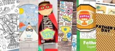 A collage of colorful Father’s Day crafts and cards, including superhero and trophy designs, coupon books, and coloring pages featuring phrases like “Super Dad” and “#1 Dad.”.