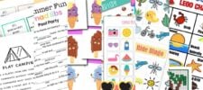 A collage of colorful summer-themed printable games and activity sheets, including bingo cards, mad libs, word searches, and images of ice cream, sunglasses, and pool floats—perfect summer games for kids in a vibrant, fun display.