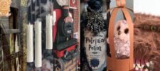 A collage of DIY Harry Potter decorations, featuring floating candles, a red train engine, a Polyjuice Potion bottle, a toy owl in a paper cage, and a plush creature with big teeth.