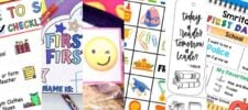 A collage of colorful back to school printables, including checklists, name tags, bingo cards, bookmarks, and activity sheets with vibrant graphics of books, school supplies, and playful designs—perfect for a fun start to the school year.