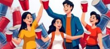 Four smiling young people holding red plastic cups and raising them in celebration, with many red and blue cups floating in the background. The scene appears festive and lively.