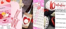 A collage of Valentine’s Day-themed crafts and games, including a heart tag, a “BE MINE” sign, a decorated wine bottle, bingo cards, painted rocks with hearts, and a candy dice game.