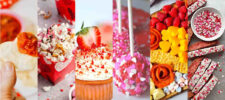 A collage shows five Valentine’s Day snacks: heart-shaped pizza, popcorn in red cups, strawberry-topped cupcake, pink sprinkle-covered cake pops, and a charcuterie board with fruits, cheeses, and candies.
