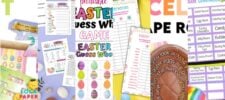 A colorful collage of printable Easter-themed games and activities, including word searches, charades, egg hunt clues, and matching games, decorated with eggs, bunnies, and festive pastel designs.