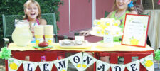 Girls with a lemonade stand. with lemonade banner price list and labels and cupcake wrappers. free printables Press Print Party!