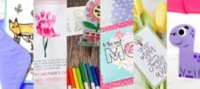 A collage of five colorful handmade Mother’s Day cards and crafts, including drawings, flowers, envelopes, handwritten notes, markers, and a purple dinosaur cutout, arranged on a bright background.