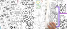 A collage of printable Mother’s Day coloring pages and coupons, including floral designs, “Happy Mother’s Day” messages, and hand-drawn cards. A hand holds one of the pages decorated with hearts and flowers.