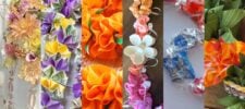 A collage of seven colorful graduation leis made from flowers, ribbon, candy, money, and plastic bottles is arranged vertically to showcase a variety of creative graduation leis ideas.