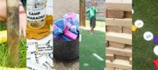 A collage of six outdoor games, including ring toss, charades, sponge bucket, balance beam, giant Jenga, and a target toss with flying discs, set on grass for a summer party.