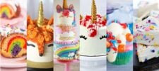 Six unicorn-themed cakes, each decorated with colorful icing, rainbows, sprinkles, and golden horns, arranged side by side in a bright, festive display.